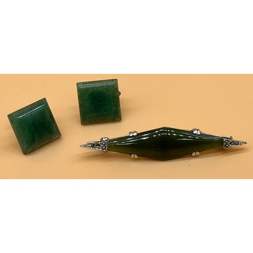 3 - Art Deco silver and jade brooch together with a pair of plated and jade earrings. [Will Post]
