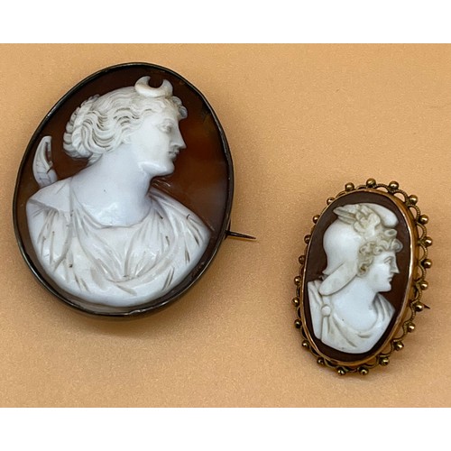 4 - 9ct gold and carved cameo brooch together with silver and carved cameo brooch. [Will post]