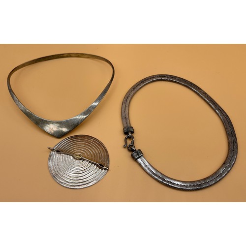 7 - Foreign silver marked evening necklace/ choker. Together with a foreign [unmarked] heavy silver neck... 