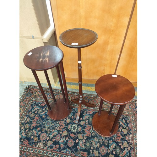 131 - Antique style pedestal Mahogany plant stand together with 2 other plant stands.