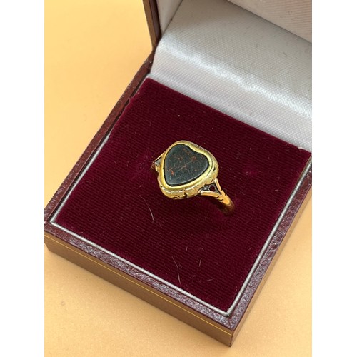 13 - Antique gold ring set with a heart shaped blood stone. [Marks rubbed] [Ring size N] [2.42Grams] [Wil... 