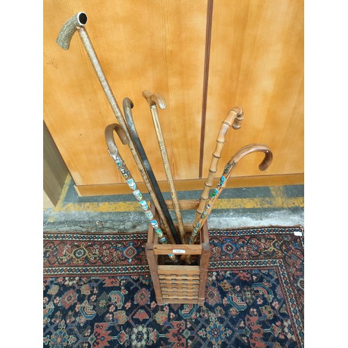 170 - Contemporary umbrella/ walking stick stand with collection of souvenir walking sticks etc.