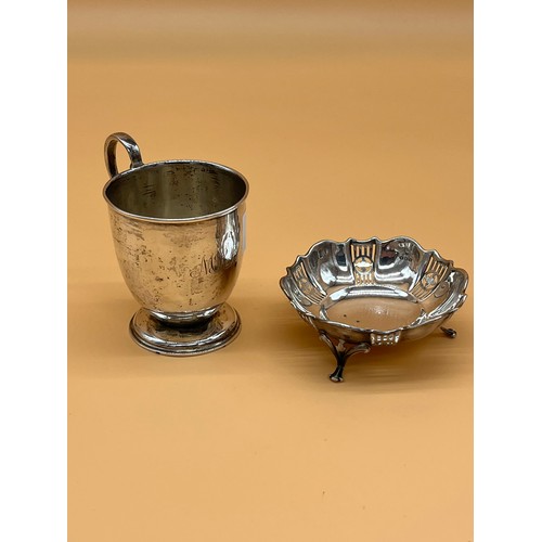 37 - Birmingham silver pierced three foot trinket dish, together with Sheffield silver Christening mug. [... 