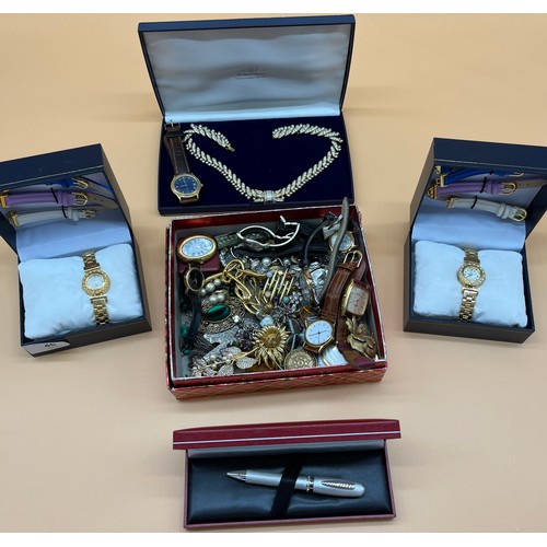 46 - Collection of vintage costume jewellery to include brooches, watches, Attwood collection boxed eveni... 