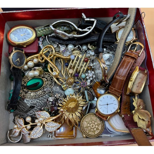 46 - Collection of vintage costume jewellery to include brooches, watches, Attwood collection boxed eveni... 