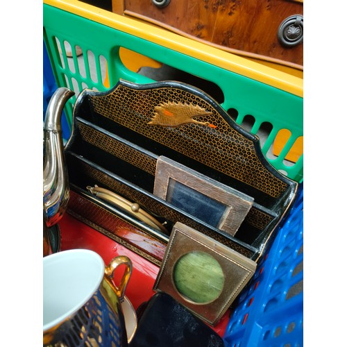 274 - Box of collectables includes oriental lacquered and gilt desk holder, Pair of parrots perched on a s... 