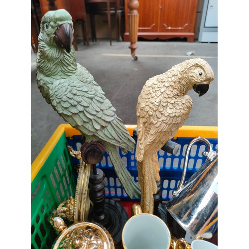 274 - Box of collectables includes oriental lacquered and gilt desk holder, Pair of parrots perched on a s... 