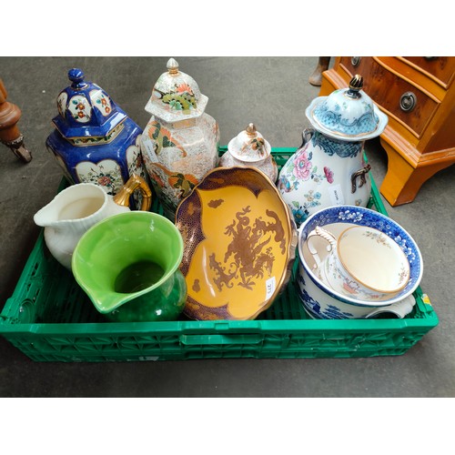 273 - Box of collectables includes masons' ironstone dragon pattern bowl, Victorian temple jar etc.