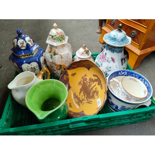 273 - Box of collectables includes masons' ironstone dragon pattern bowl, Victorian temple jar etc.