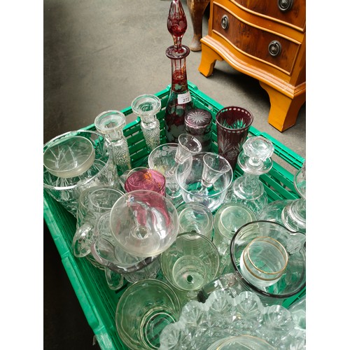 272 - Large crate of early glass wares includes cranberry Italian decanter with stopper, Victorian decante... 