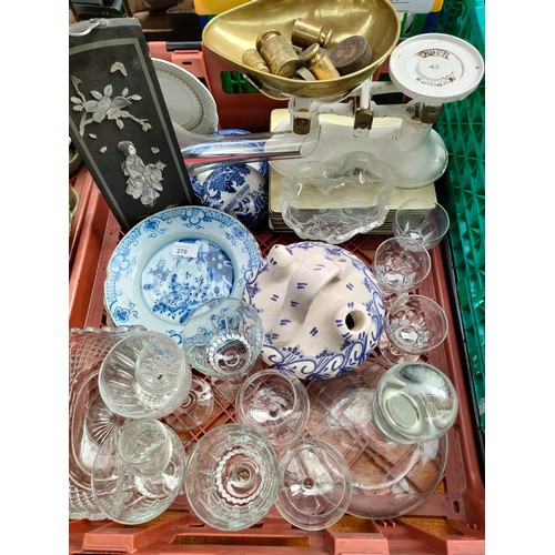 270 - Large crate of collectables includes set of vintage scales and weights, oriental lacquered and mothe... 