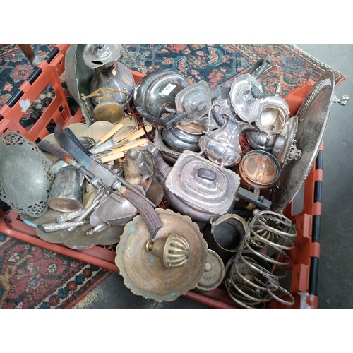 269 - Large crate of silver-plated and brass wares.