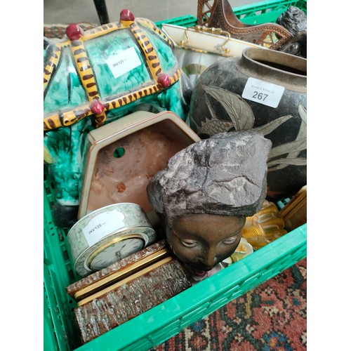 267 - Large crate of collectables includes large donkey study, bronzed style figures, Bronze effect bust, ... 