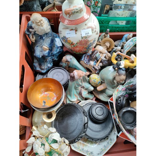 266 - Large crate of oriental collectables includes Chinese crackle glazed vase, famille rose bowls and mu... 