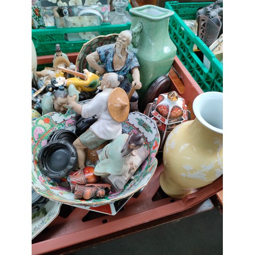 266 - Large crate of oriental collectables includes Chinese crackle glazed vase, famille rose bowls and mu... 