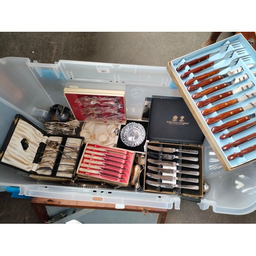 261 - Large box of silver-plated cutlery boxed sets etc .