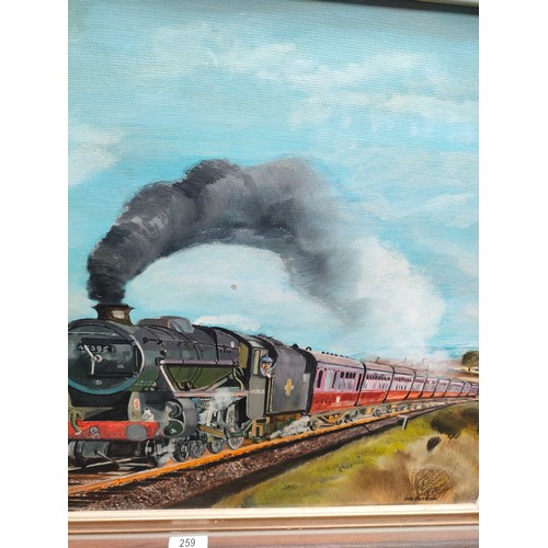 259 - Oil painting of British railways steam train loco and carriages in countryside signed by A W Easson.