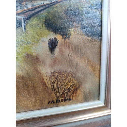 259 - Oil painting of British railways steam train loco and carriages in countryside signed by A W Easson.