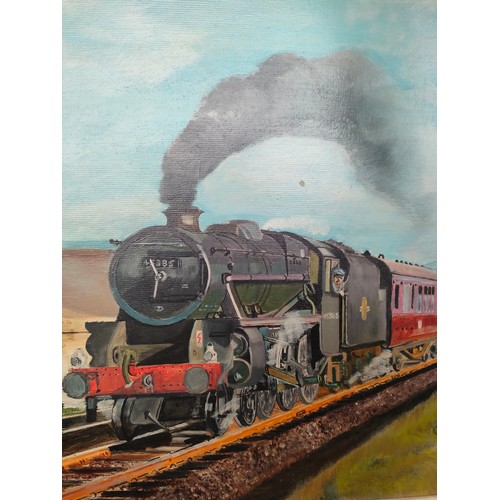 259 - Oil painting of British railways steam train loco and carriages in countryside signed by A W Easson.