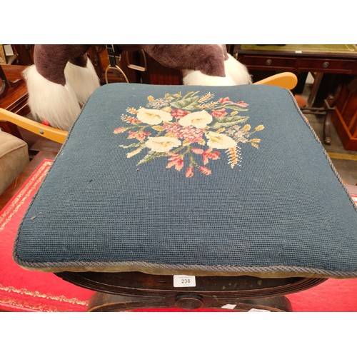 236 - Antique campaign stool with fitted blue embroidery top and bouquet middle design