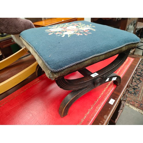 236 - Antique campaign stool with fitted blue embroidery top and bouquet middle design