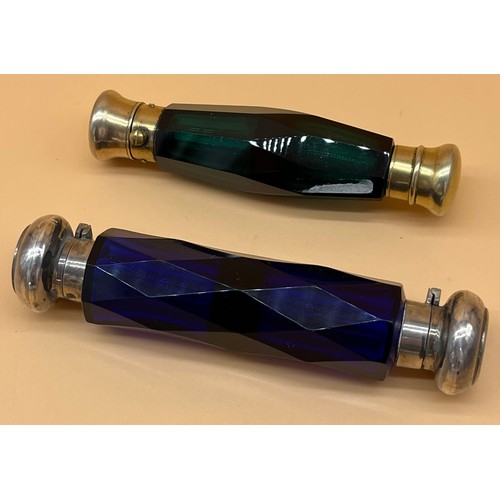 539 - Two antique cut glass blue and green double end perfume bottles. [13cm in length]