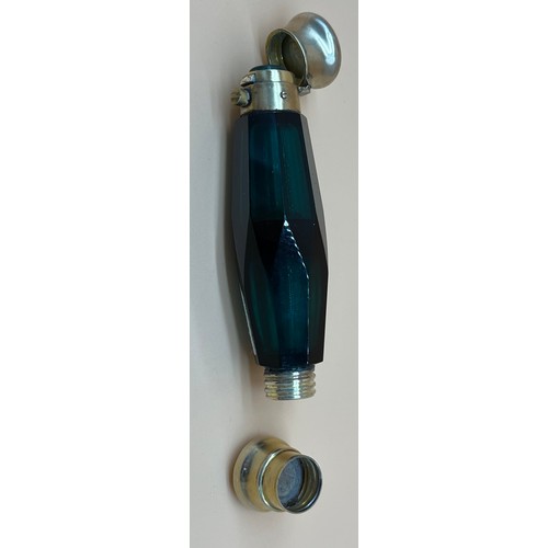 539 - Two antique cut glass blue and green double end perfume bottles. [13cm in length]