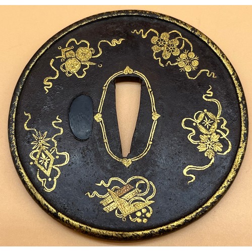 552 - Antique Japanese bronze Tsuba depicting Pheonix design. [8.2cm in diameter]