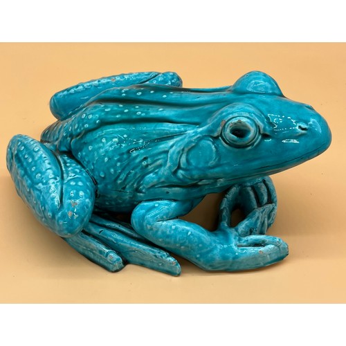 564 - Large antique turquoise glazed frog sculpture. Possibly Chinese origin. [25cm in length]