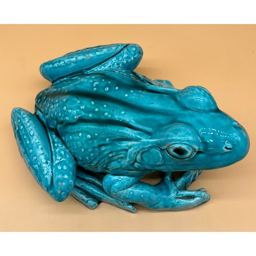 564 - Large antique turquoise glazed frog sculpture. Possibly Chinese origin. [25cm in length]