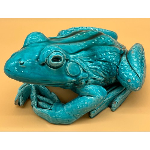 564 - Large antique turquoise glazed frog sculpture. Possibly Chinese origin. [25cm in length]