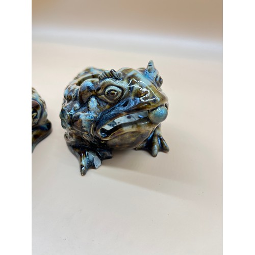 569 - Two Chinese drip glaze toad shaped pots. [17cm in length] [As found in areas]