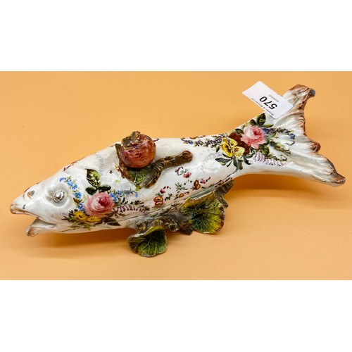 570 - 18th/ 19th century porcelain hand painted fish lidded dish. [23cm in length]