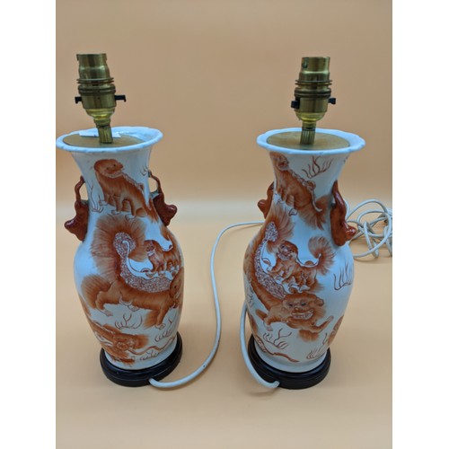 574 - Pair of Chinese hand painted foo dog design vases converted to table lamps [35cm]