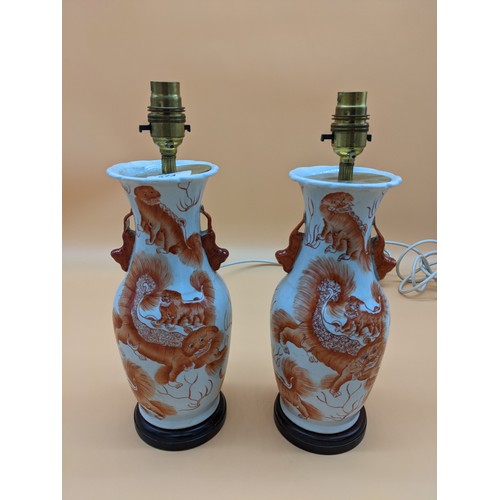 574 - Pair of Chinese hand painted foo dog design vases converted to table lamps [35cm]