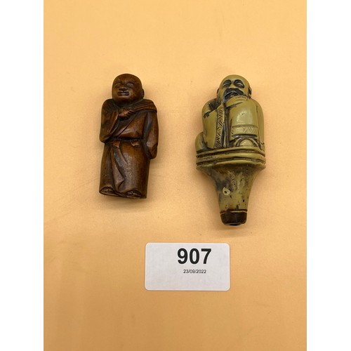 907 - Antique Japanese Meiji period carved netsuke monk figure together with resin style figure.