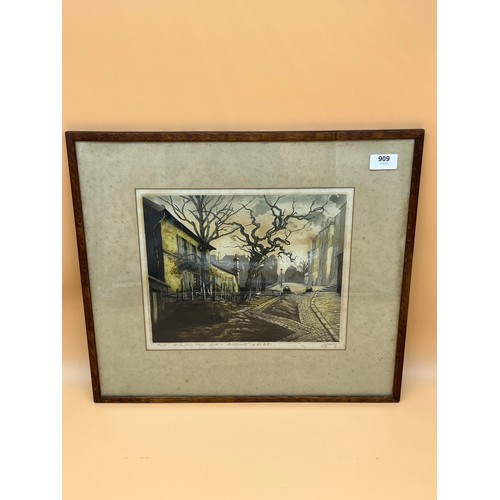 909 - Signed coloured Etching by M Haranz 
Depicts eerie street scene. Signed in pencil. [Frame 44x50cm]