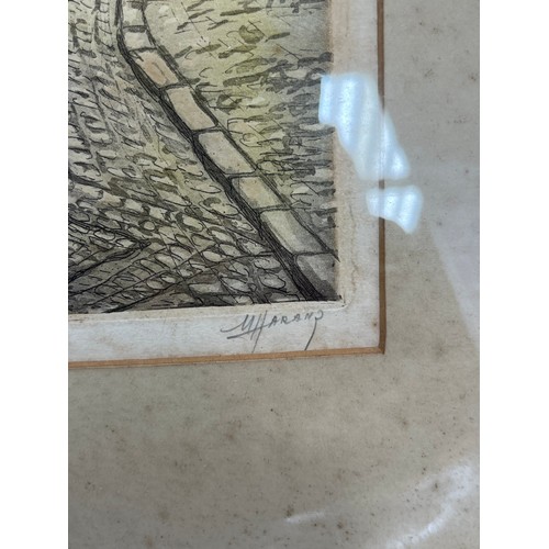 909 - Signed coloured Etching by M Haranz 
Depicts eerie street scene. Signed in pencil. [Frame 44x50cm]