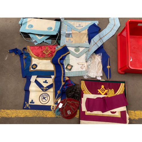 242a - Large collection of masonic aprons , 2 masonic jewels , cast iron item etc .