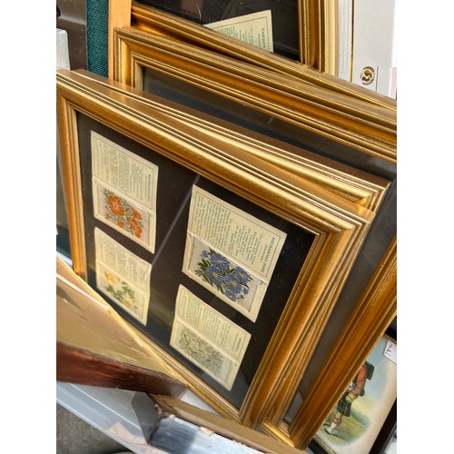 206A - Box of artworks and prints. Includes 19th century engraving, Framed silk cigarette cards, tapestry o... 