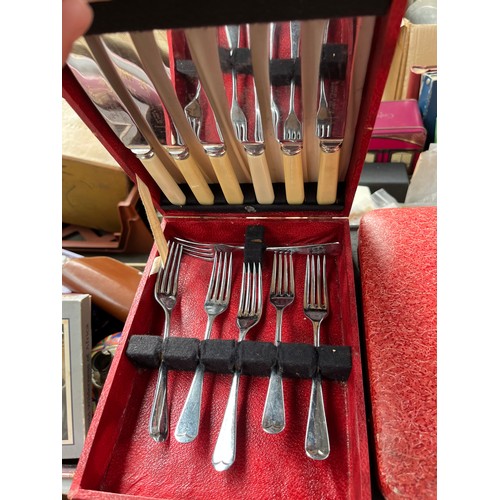 224A - Large collection of boxed canteens of cutlery to include antique mahogany canteen chest- empty