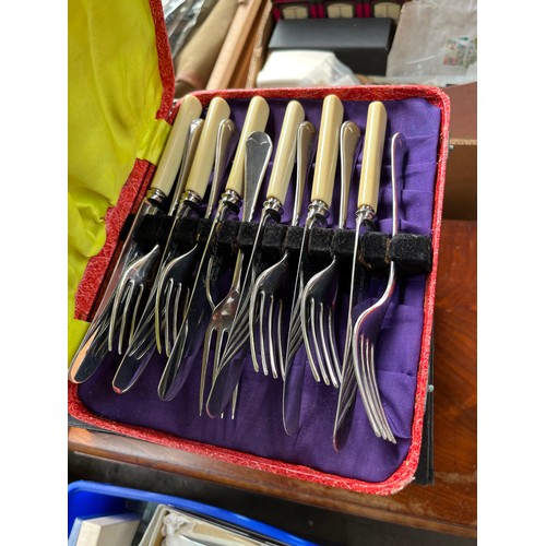 224A - Large collection of boxed canteens of cutlery to include antique mahogany canteen chest- empty