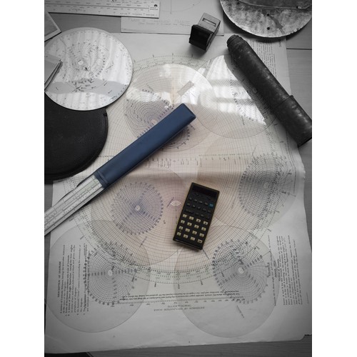 142A - Vintage Star Charts, instruments, hand held telescope and Vintage calculator.