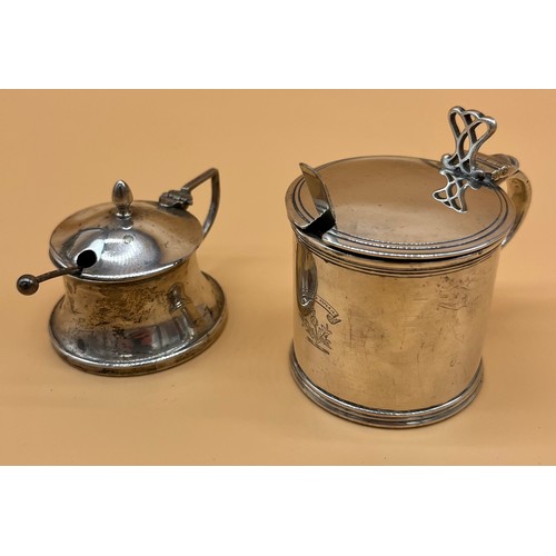 2 - Two Birmingham silver condiment pots, One with blue liner and two silver spoons.