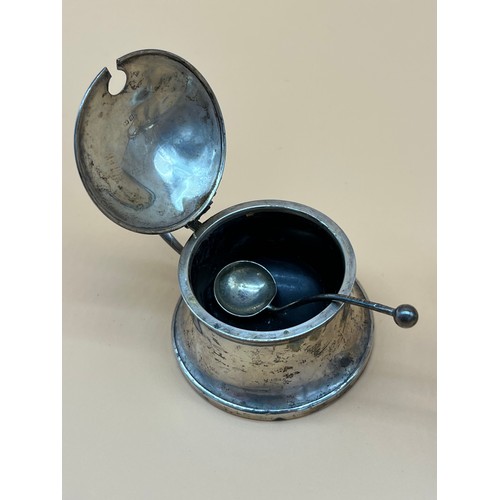 2 - Two Birmingham silver condiment pots, One with blue liner and two silver spoons.