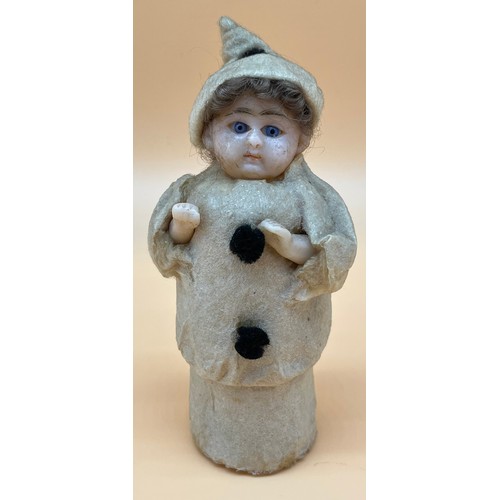 8 - Antique wax faced miniature doll, fitted with glass eyes and hair. Originally gifted with sweets to ... 