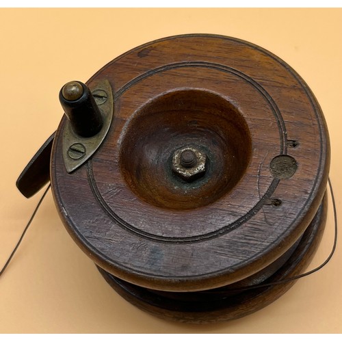 26 - Antique wood and brass Milwards fly fishing reel.