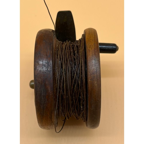 26 - Antique wood and brass Milwards fly fishing reel.