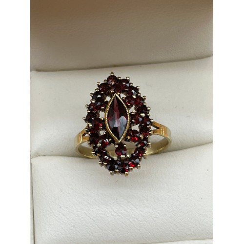 52 - 14ct yellow gold ladies ring set with a cluster of garnet stones set with a large garnet to the cent... 