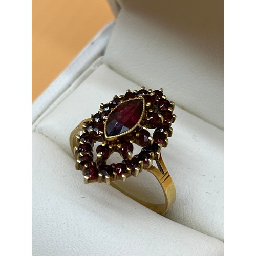 53 - 14ct yellow gold ladies ring set with a cluster of garnet stones set with a large garnet to the cent... 